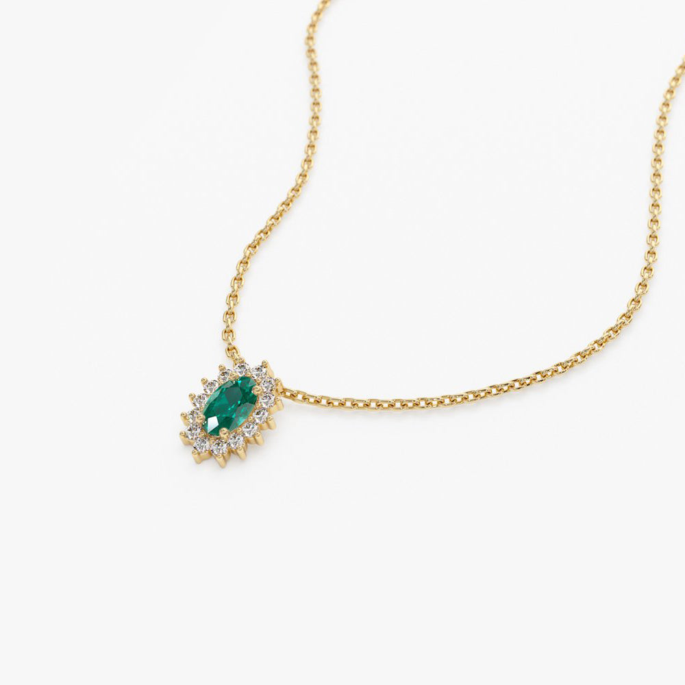 14k Emerald Necklace with Halo Diamonds - GeumJewels