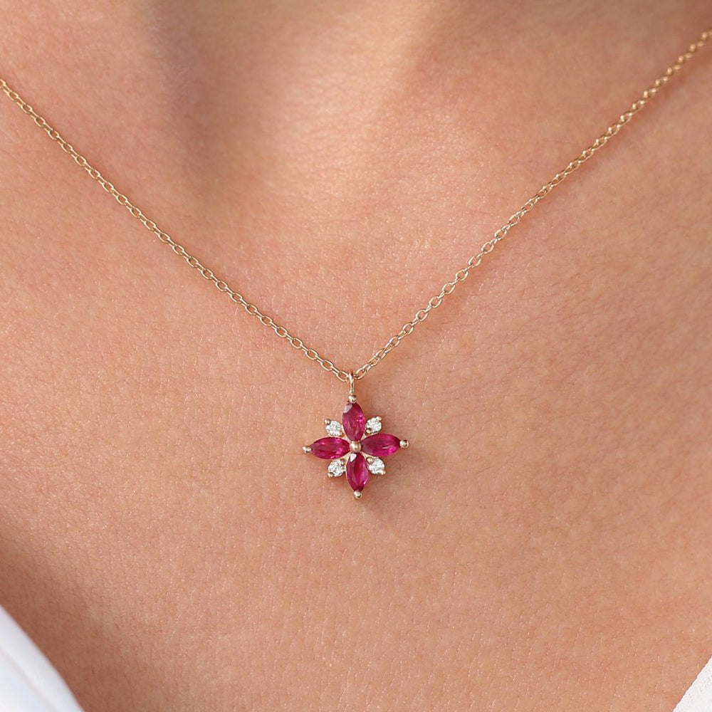 14K Floral Design Marquise Ruby and Diamond Pendant - GeumJewels