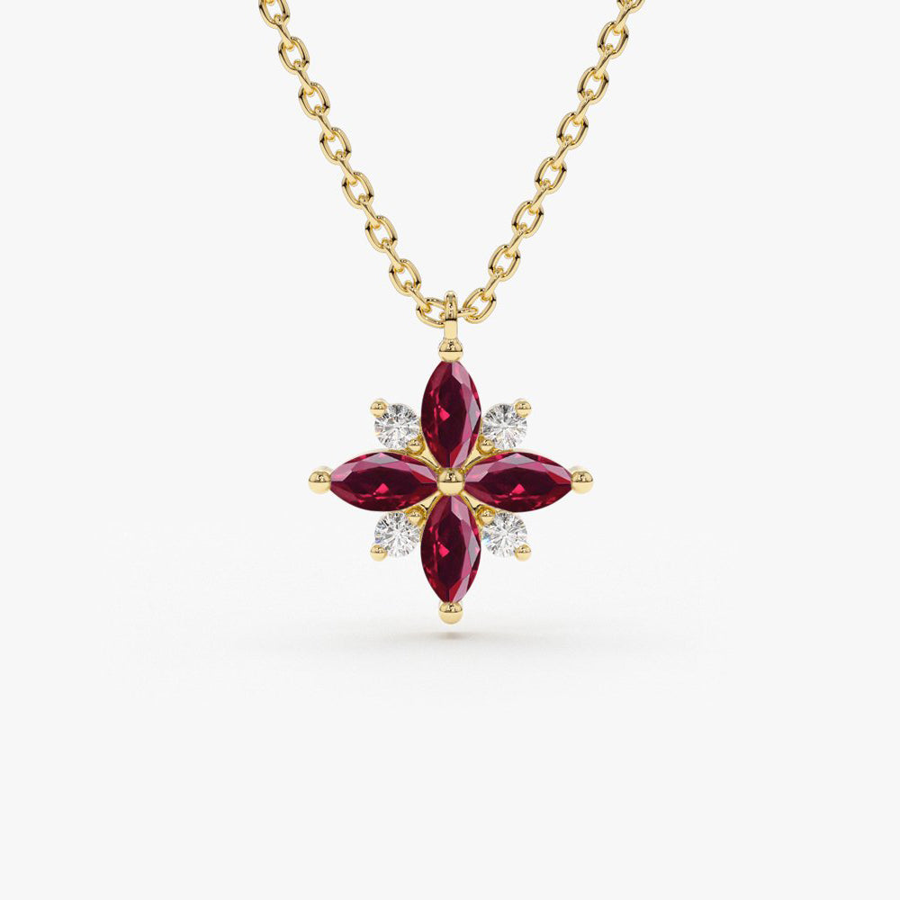 14K Floral Design Marquise Ruby and Diamond Pendant - GeumJewels