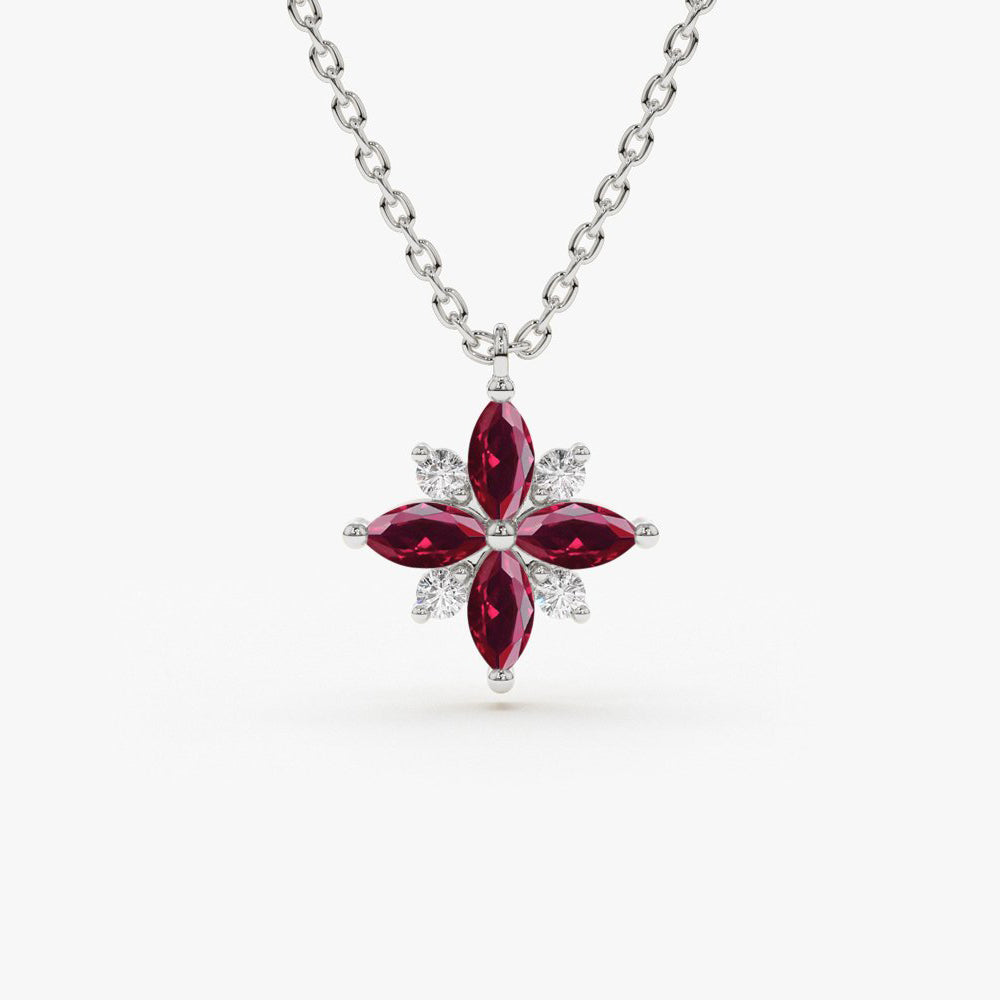 14K Floral Design Marquise Ruby and Diamond Pendant - GeumJewels