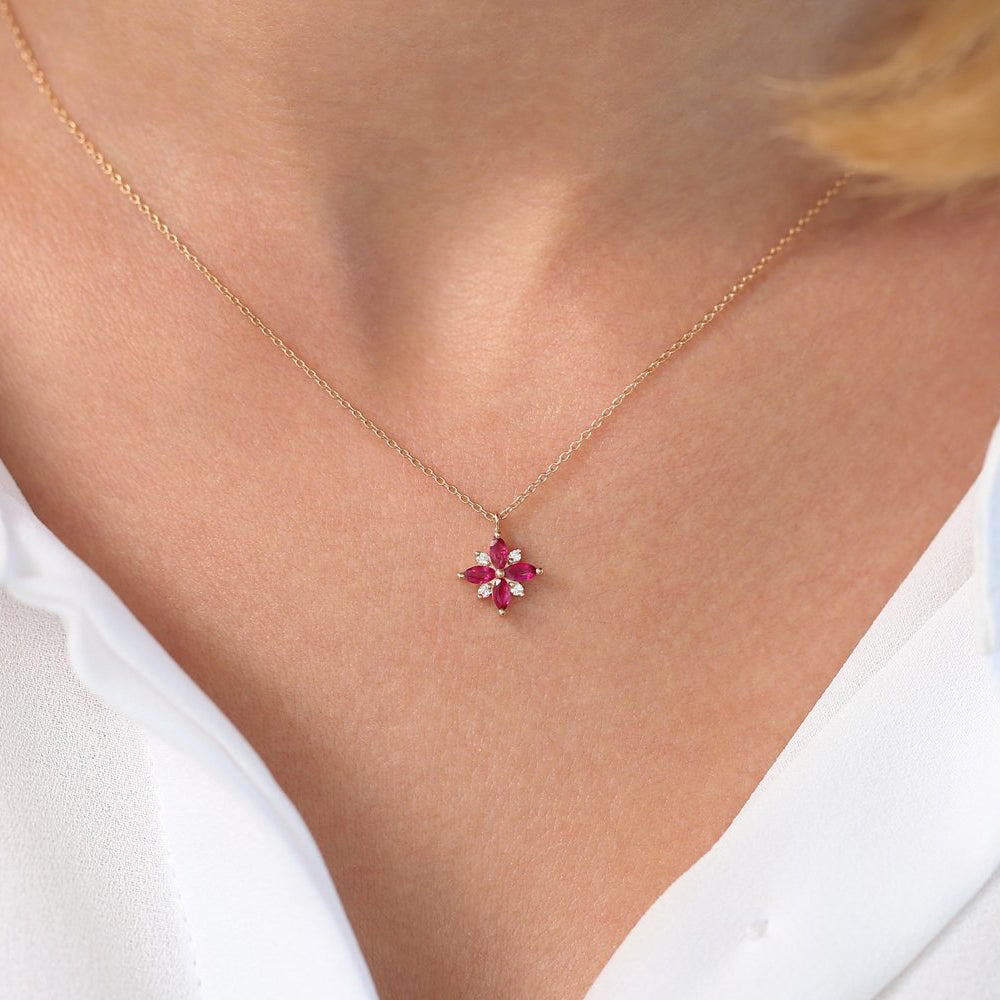 14K Floral Design Marquise Ruby and Diamond Pendant - GeumJewels