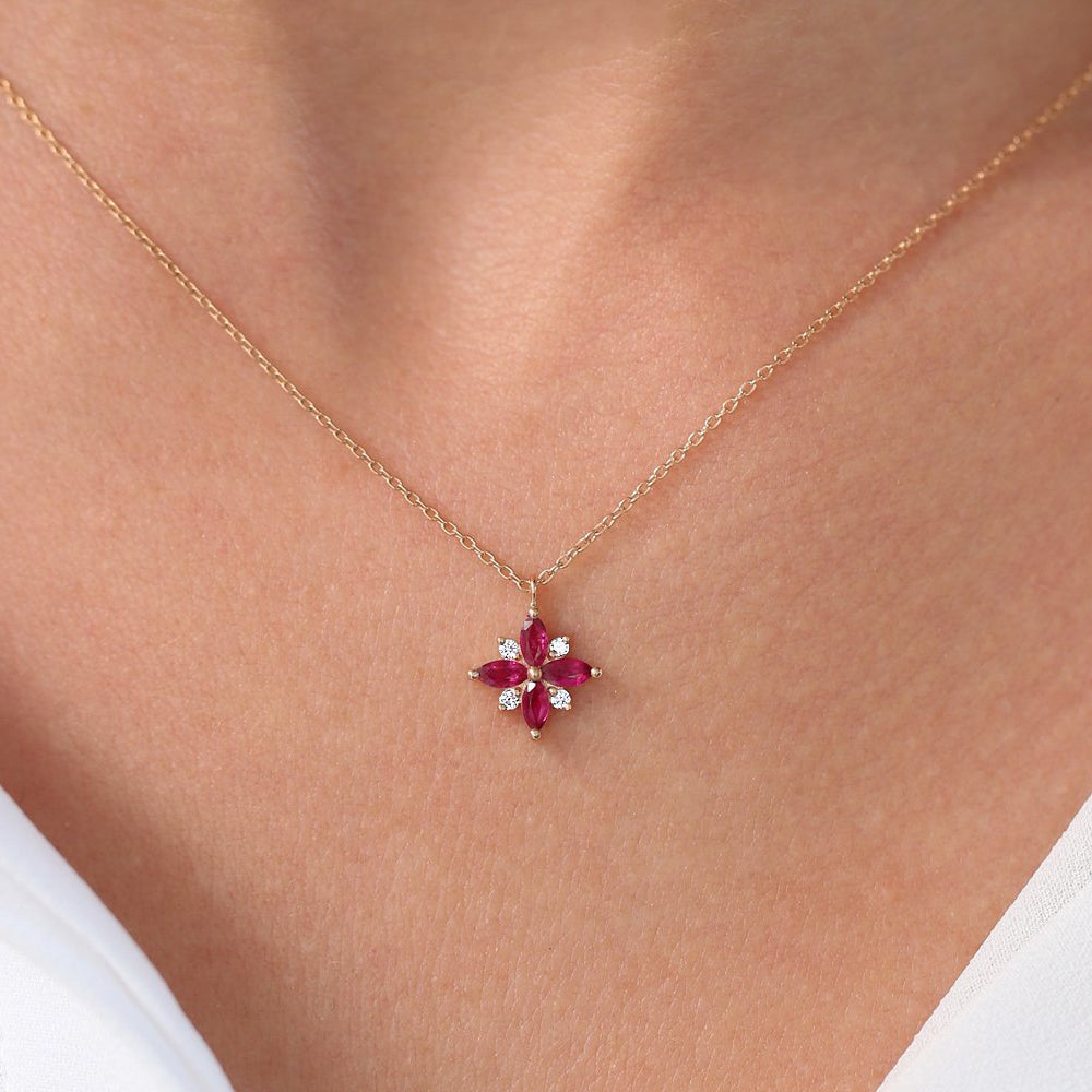 14K Floral Design Marquise Ruby and Diamond Pendant - GeumJewels
