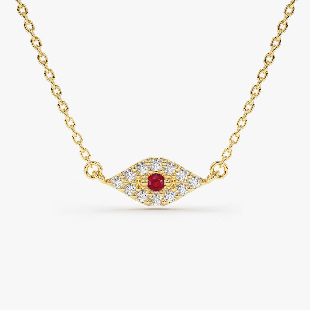 14K Gold Diamond and Ruby Evil Eye Necklace - GeumJewels