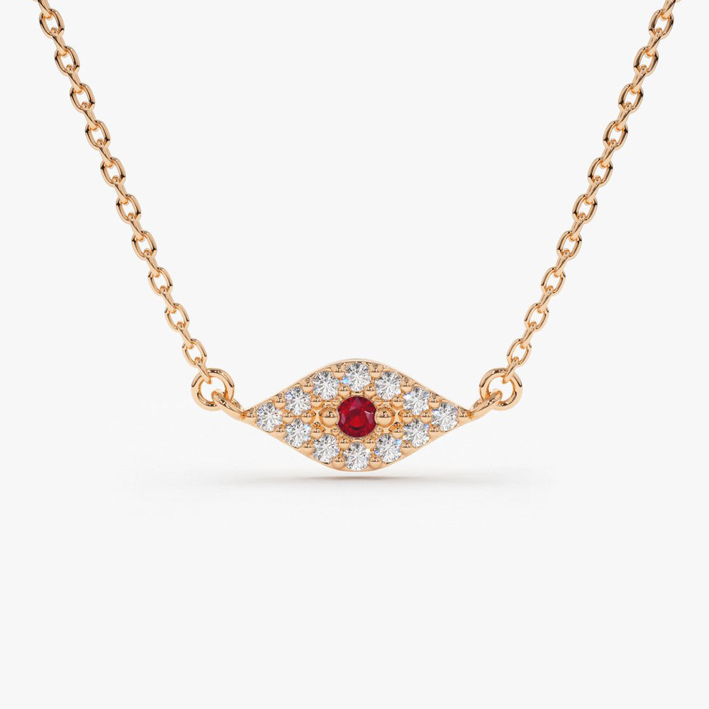 14K Gold Diamond and Ruby Evil Eye Necklace - GeumJewels
