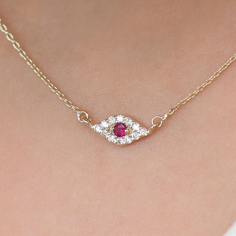14K Gold Diamond and Ruby Evil Eye Necklace - GeumJewels