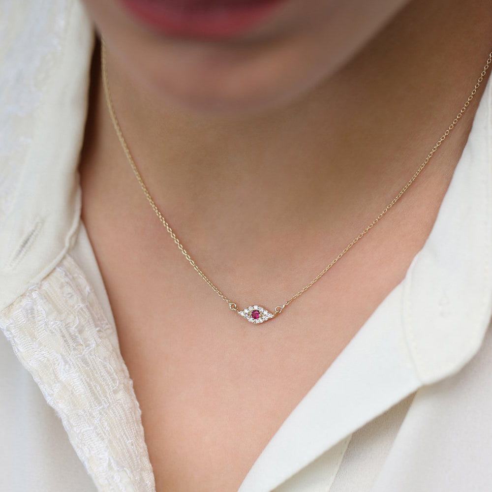 14K Gold Diamond and Ruby Evil Eye Necklace - GeumJewels
