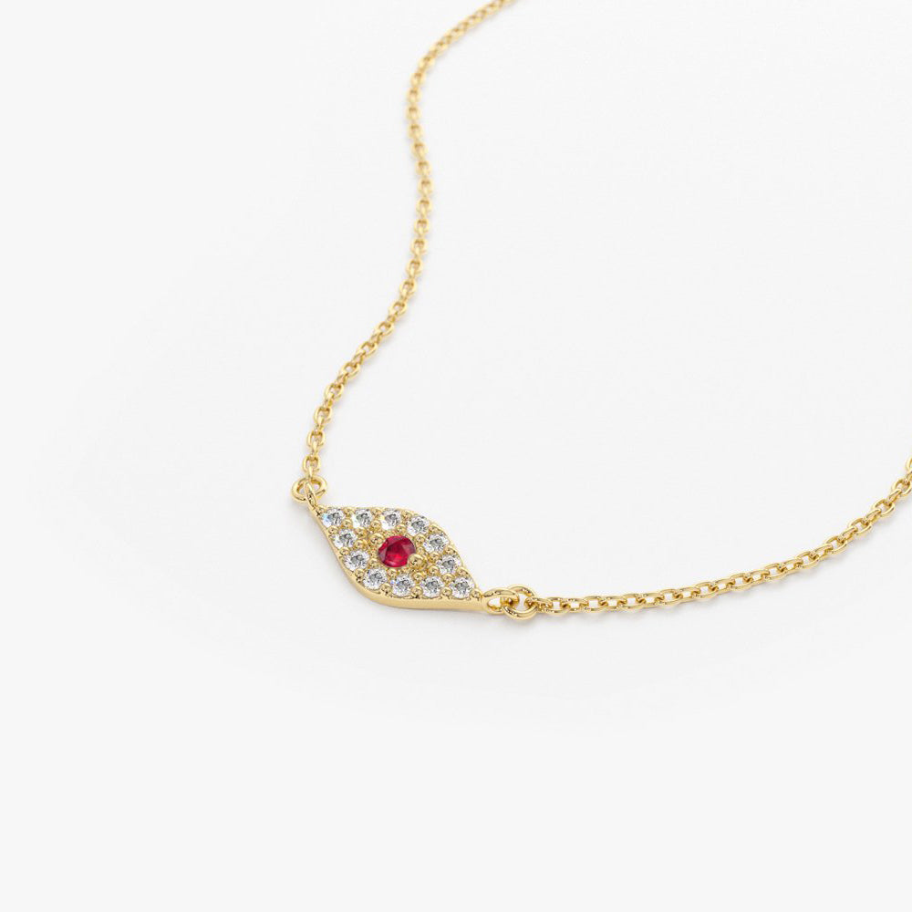 14K Gold Diamond and Ruby Evil Eye Necklace - GeumJewels