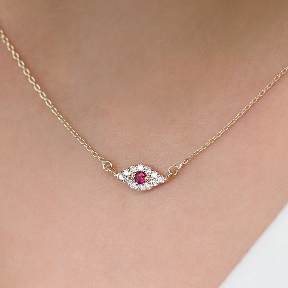 14K Gold Diamond and Ruby Evil Eye Necklace - GeumJewels