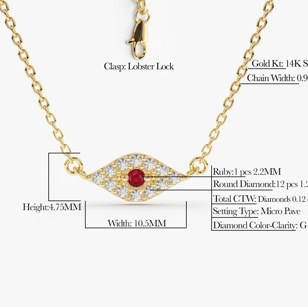 14K Gold Diamond and Ruby Evil Eye Necklace - GeumJewels