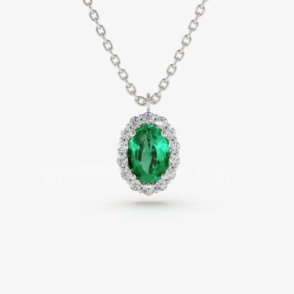 14K Gold Oval Cut Emerald Halo Diamond Necklace - GeumJewels
