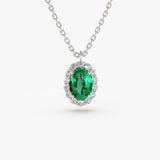 14K Gold Oval Cut Emerald Halo Diamond Necklace - GeumJewels