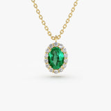 14K Gold Oval Cut Emerald Halo Diamond Necklace - GeumJewels