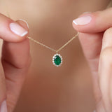 14K Gold Oval Cut Emerald Halo Diamond Necklace - GeumJewels