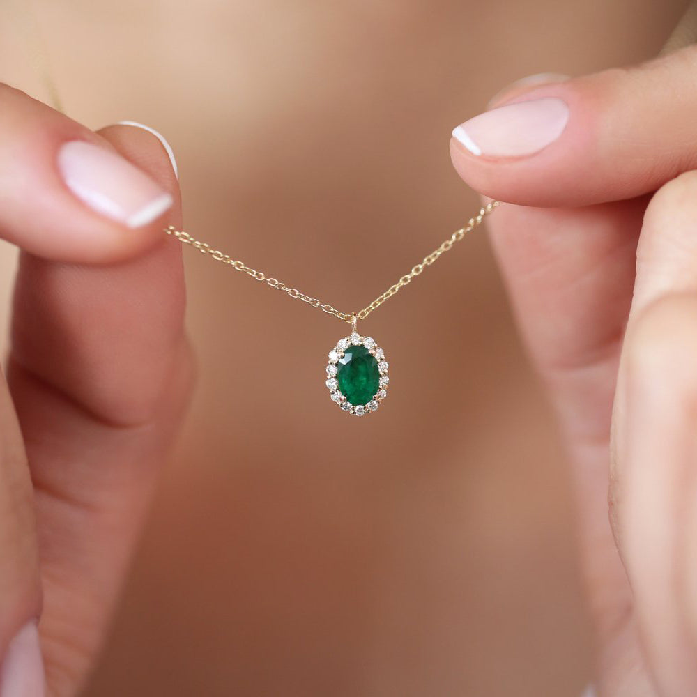14K Gold Oval Cut Emerald Halo Diamond Necklace - GeumJewels