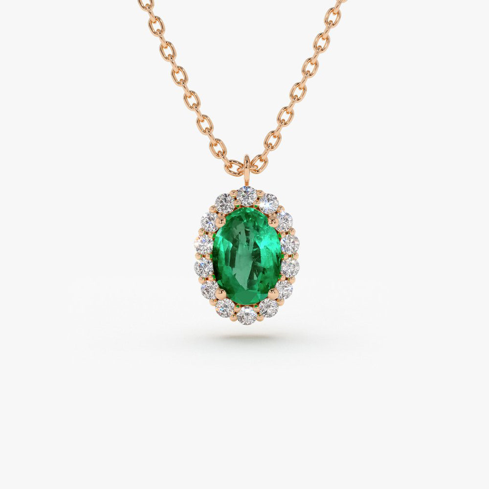 14K Gold Oval Cut Emerald Halo Diamond Necklace - GeumJewels