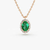 14K Gold Oval Cut Emerald Halo Diamond Necklace - GeumJewels