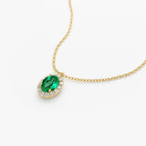 14K Gold Oval Cut Emerald Halo Diamond Necklace - GeumJewels