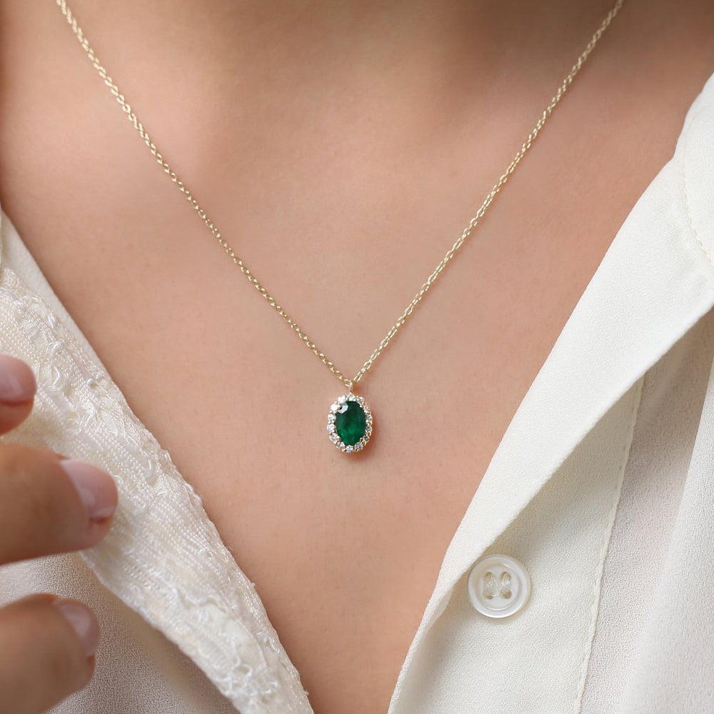 14K Gold Oval Cut Emerald Halo Diamond Necklace - GeumJewels