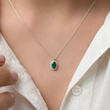 14K Gold Oval Cut Emerald Halo Diamond Necklace - GeumJewels