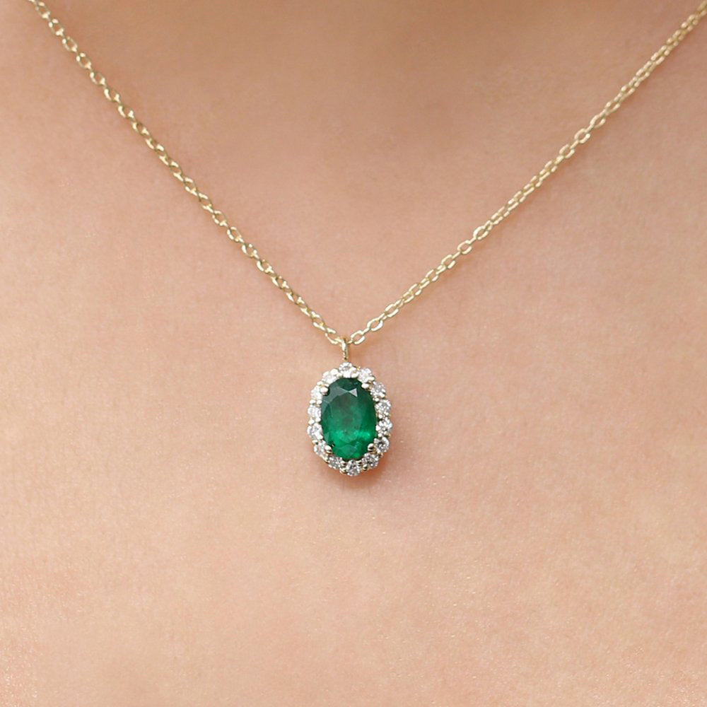 14K Gold Oval Cut Emerald Halo Diamond Necklace - GeumJewels