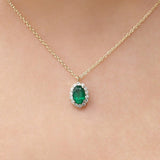 14K Gold Oval Cut Emerald Halo Diamond Necklace - GeumJewels