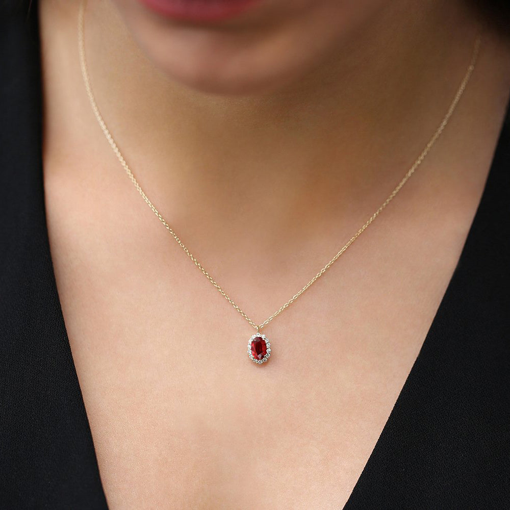 14K Gold Oval Cut Ruby Halo Diamond Necklace - GeumJewels