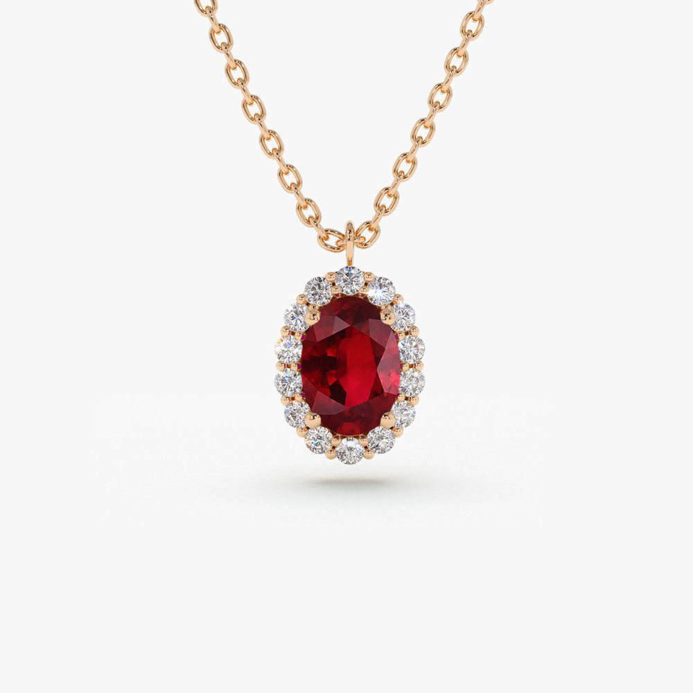 14K Gold Oval Cut Ruby Halo Diamond Necklace - GeumJewels