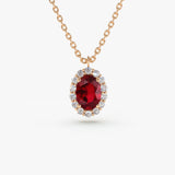 14K Gold Oval Cut Ruby Halo Diamond Necklace - GeumJewels