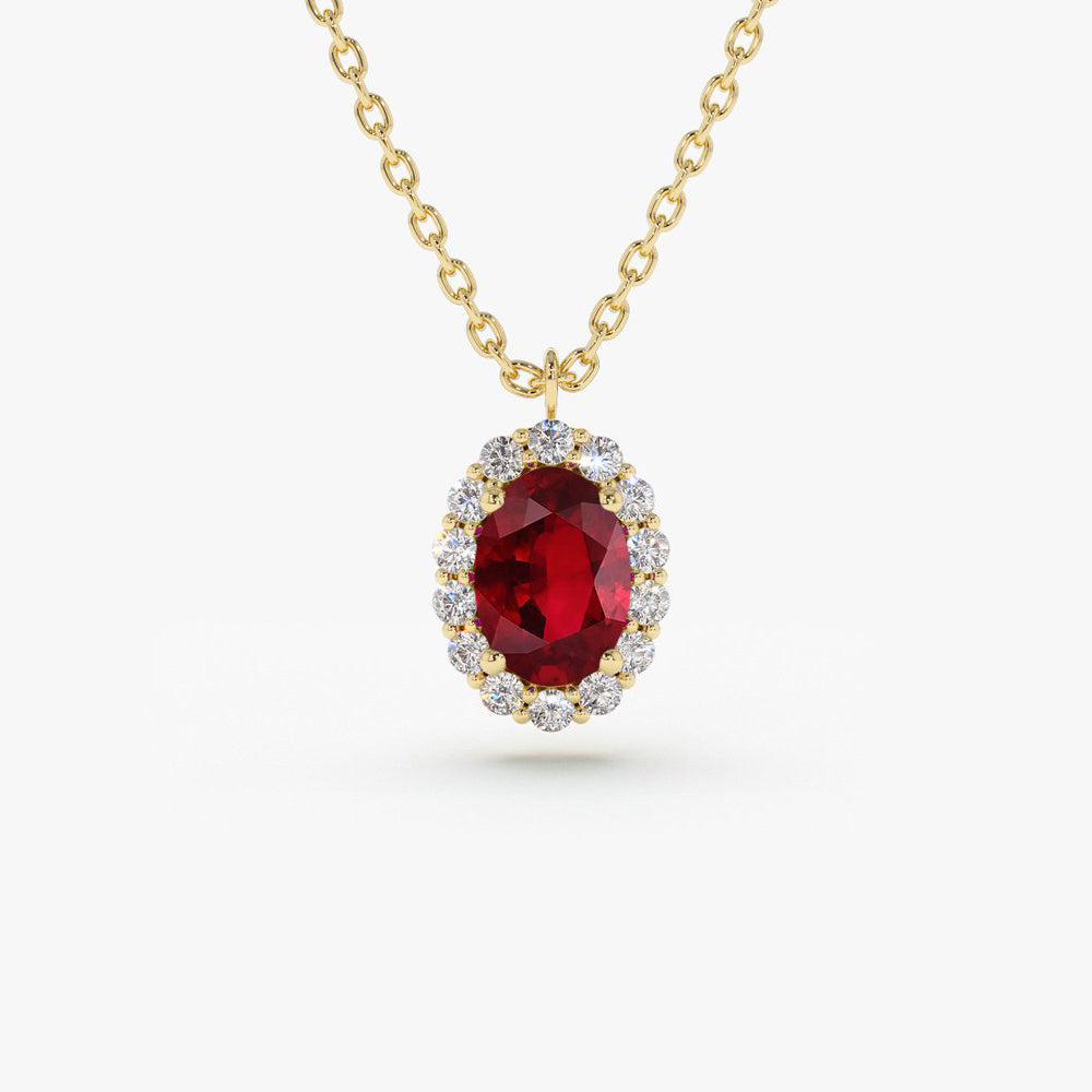 14K Gold Oval Cut Ruby Halo Diamond Necklace - GeumJewels