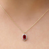 14K Gold Oval Cut Ruby Halo Diamond Necklace - GeumJewels