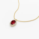 14K Gold Oval Cut Ruby Halo Diamond Necklace - GeumJewels