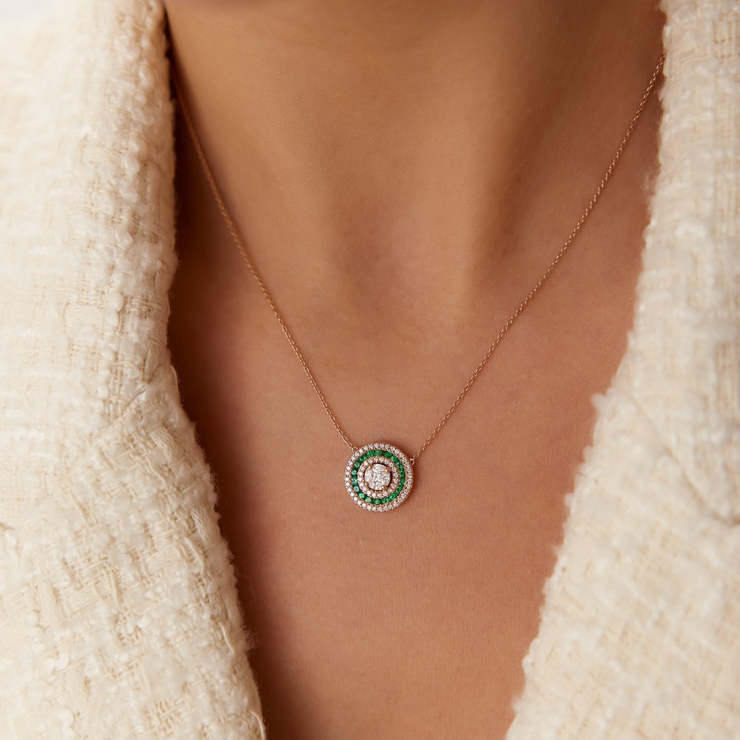 14K Gold Round Diamond Emerald Necklace - GeumJewels