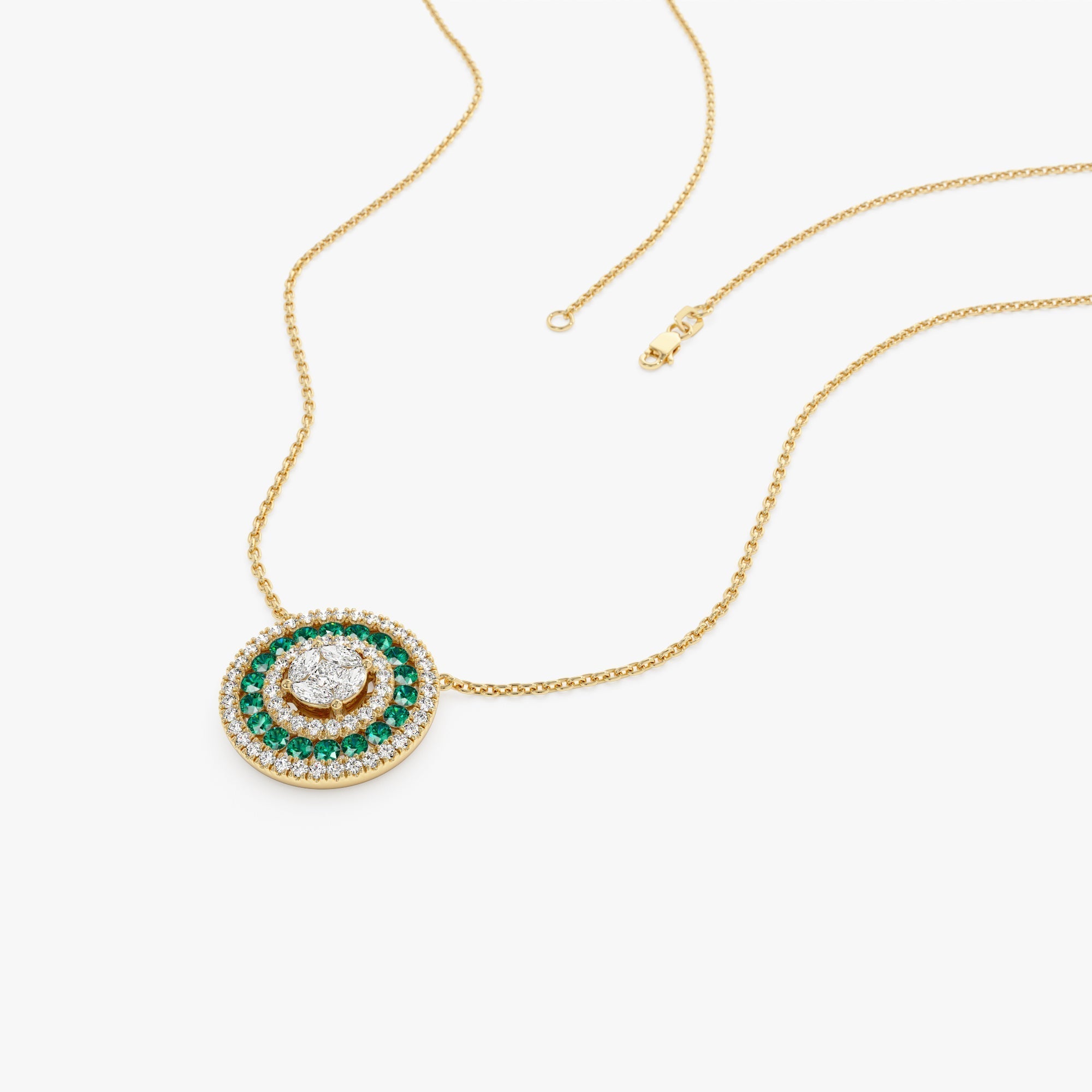 14K Gold Round Diamond Emerald Necklace - GeumJewels