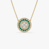 14K Gold Round Diamond Emerald Necklace - GeumJewels