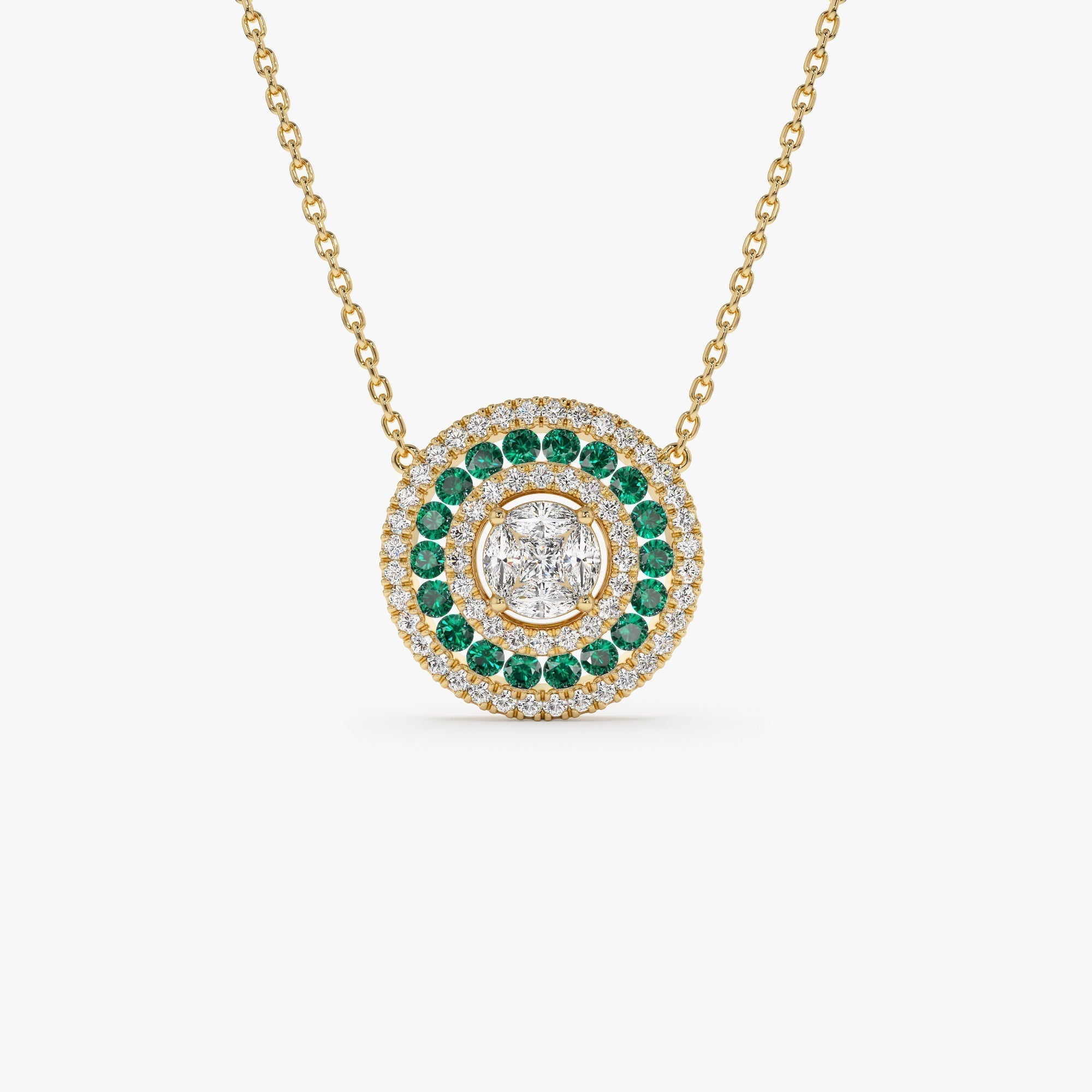 14K Gold Round Diamond Emerald Necklace - GeumJewels