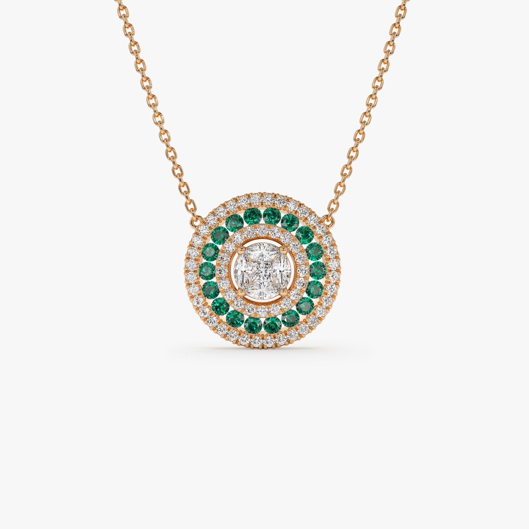 14K Gold Round Diamond Emerald Necklace - GeumJewels