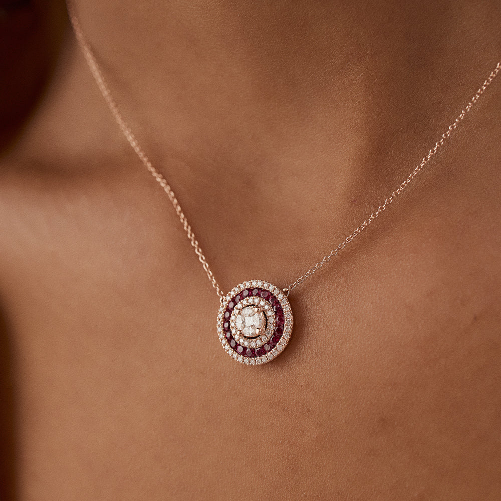 14K Gold Round Diamond Ruby Necklace - GeumJewels