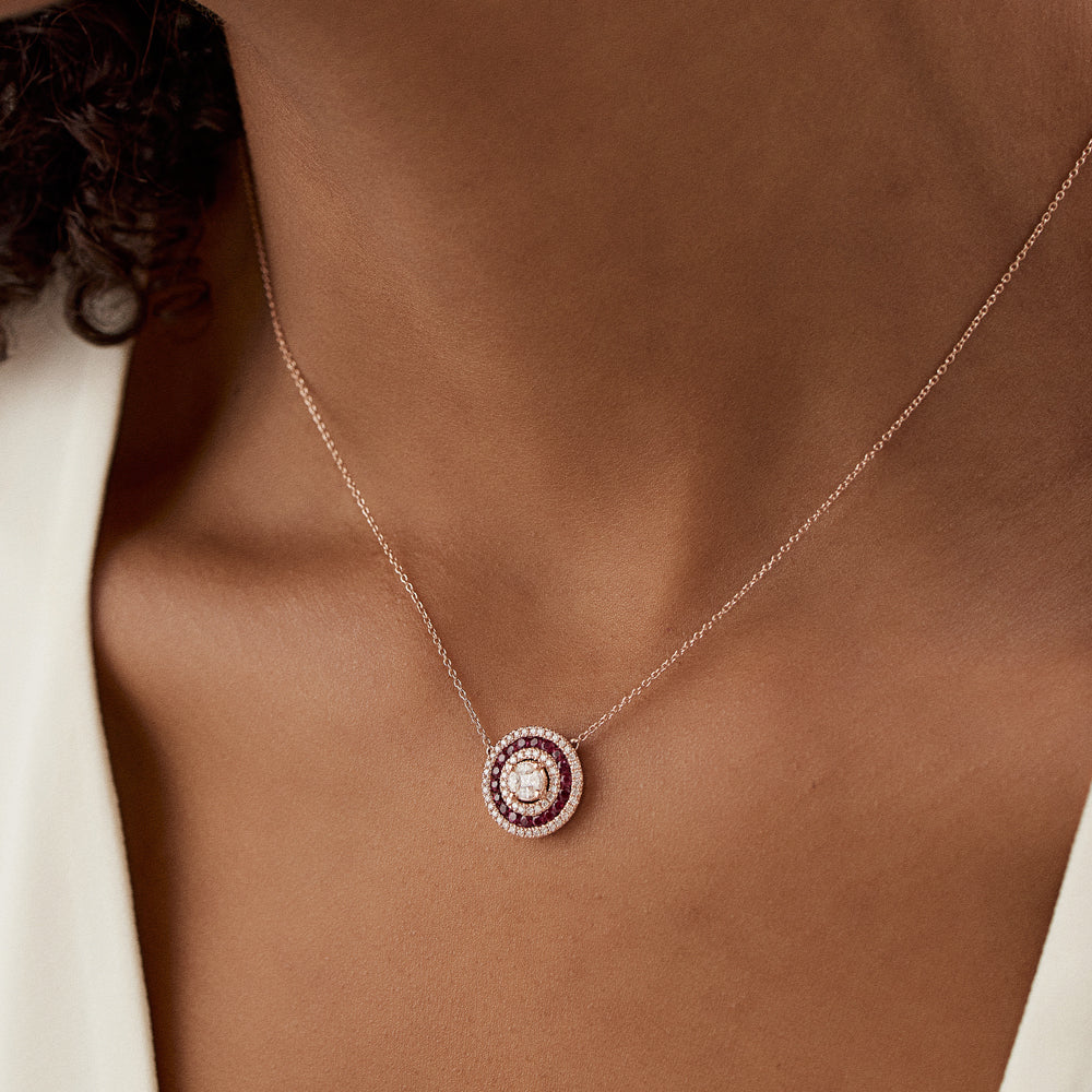 14K Gold Round Diamond Ruby Necklace - GeumJewels