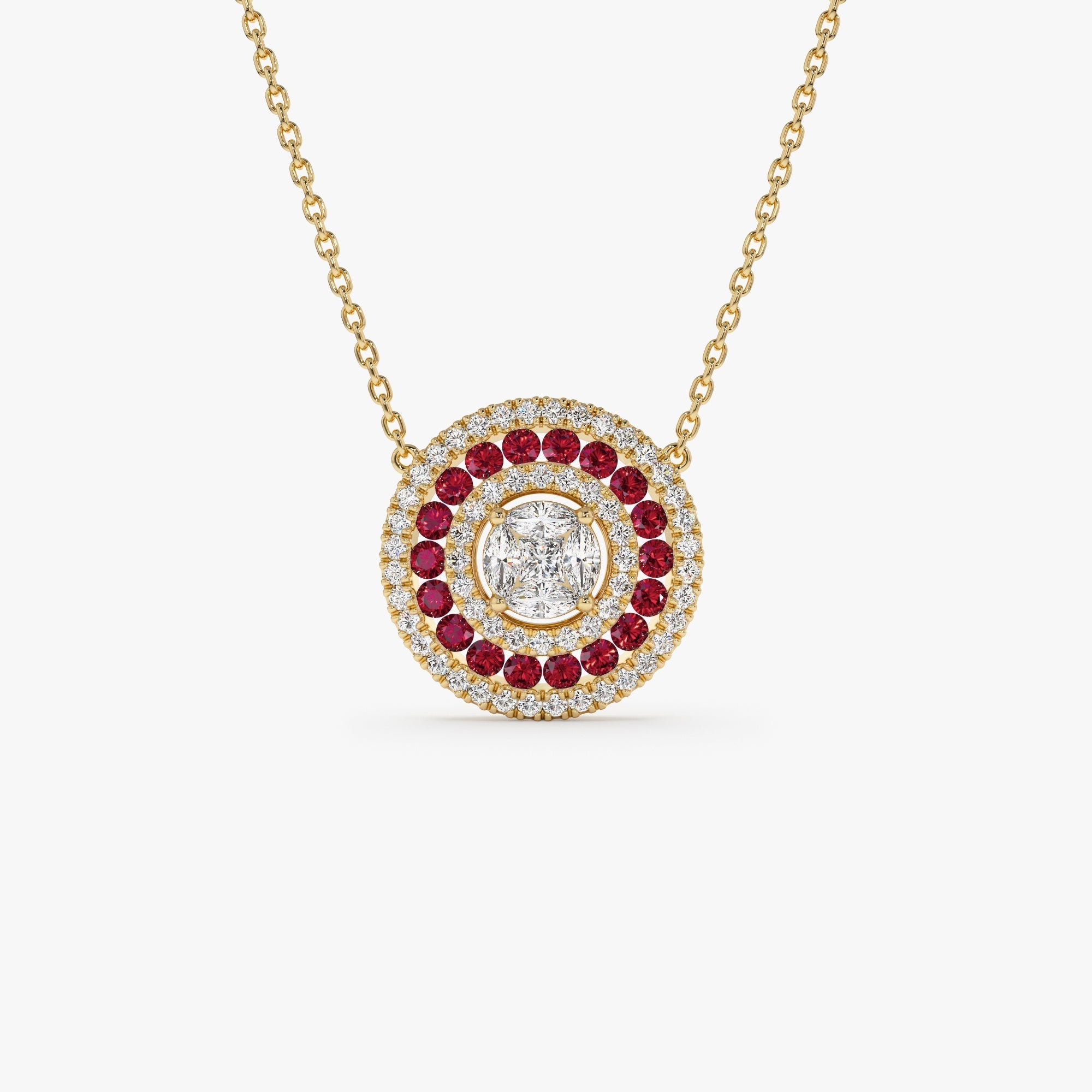 14K Gold Round Diamond Ruby Necklace - GeumJewels