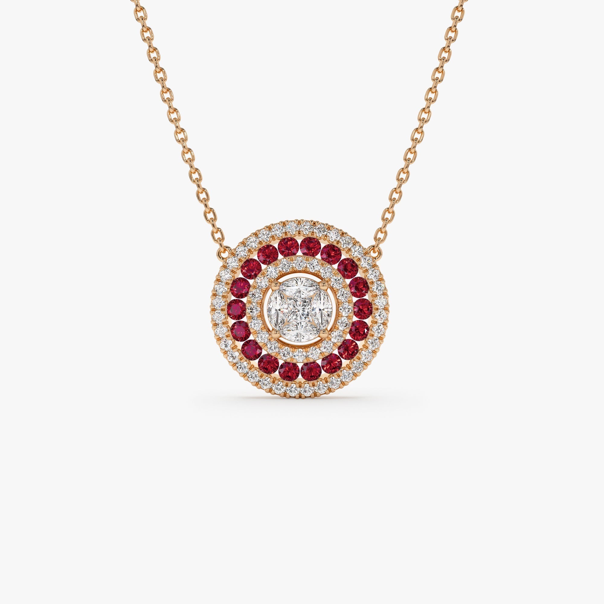 14K Gold Round Diamond Ruby Necklace - GeumJewels