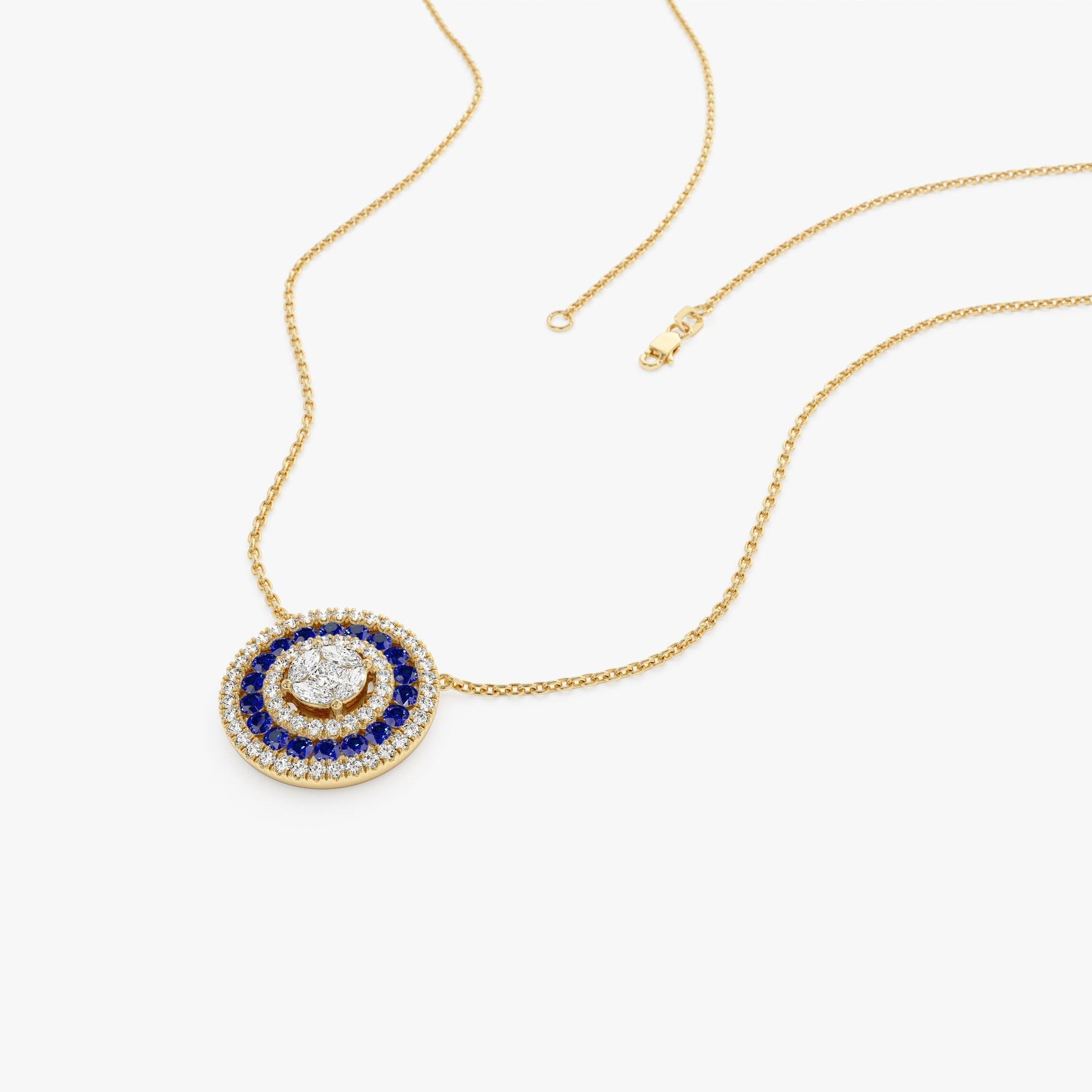 14K Gold Round Diamond Sapphire Necklace - GeumJewels