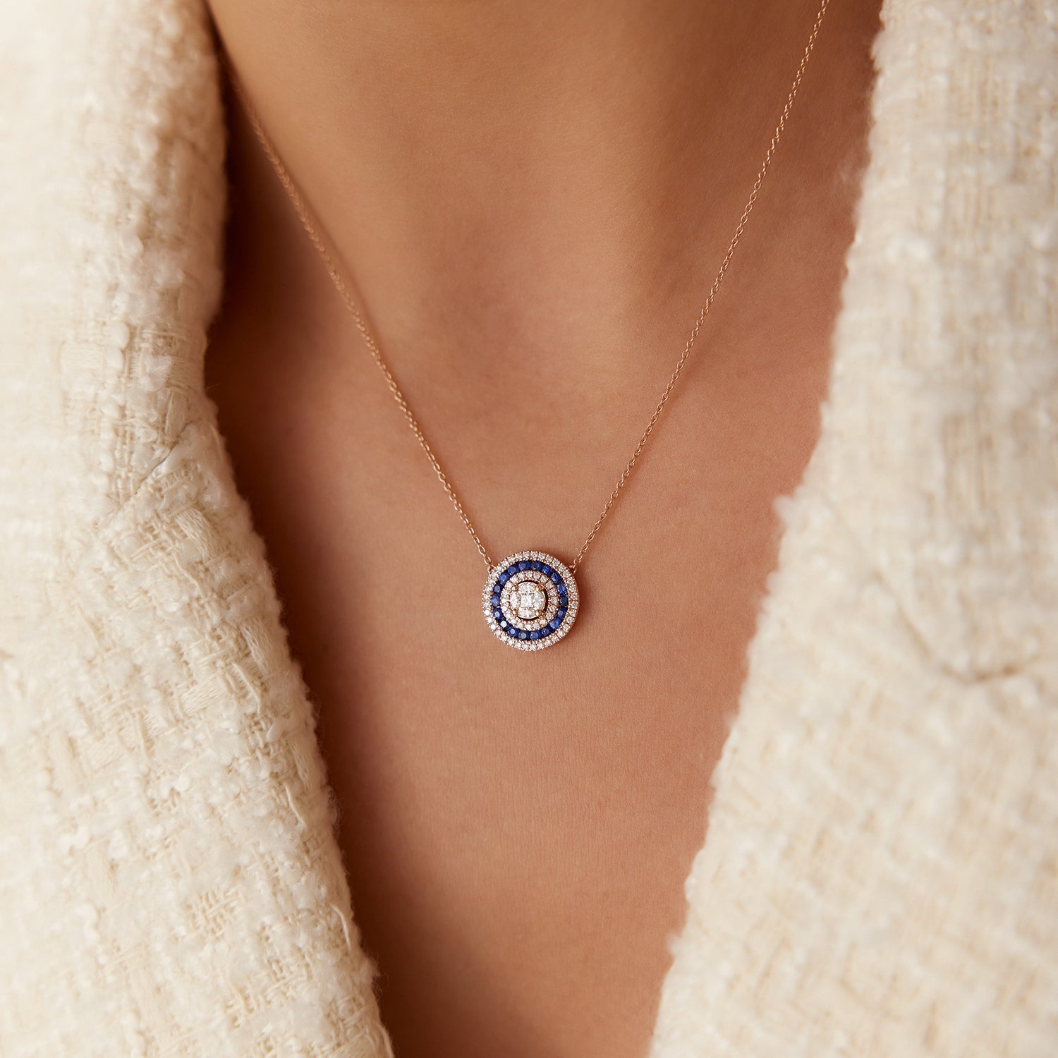 14K Gold Round Diamond Sapphire Necklace - GeumJewels