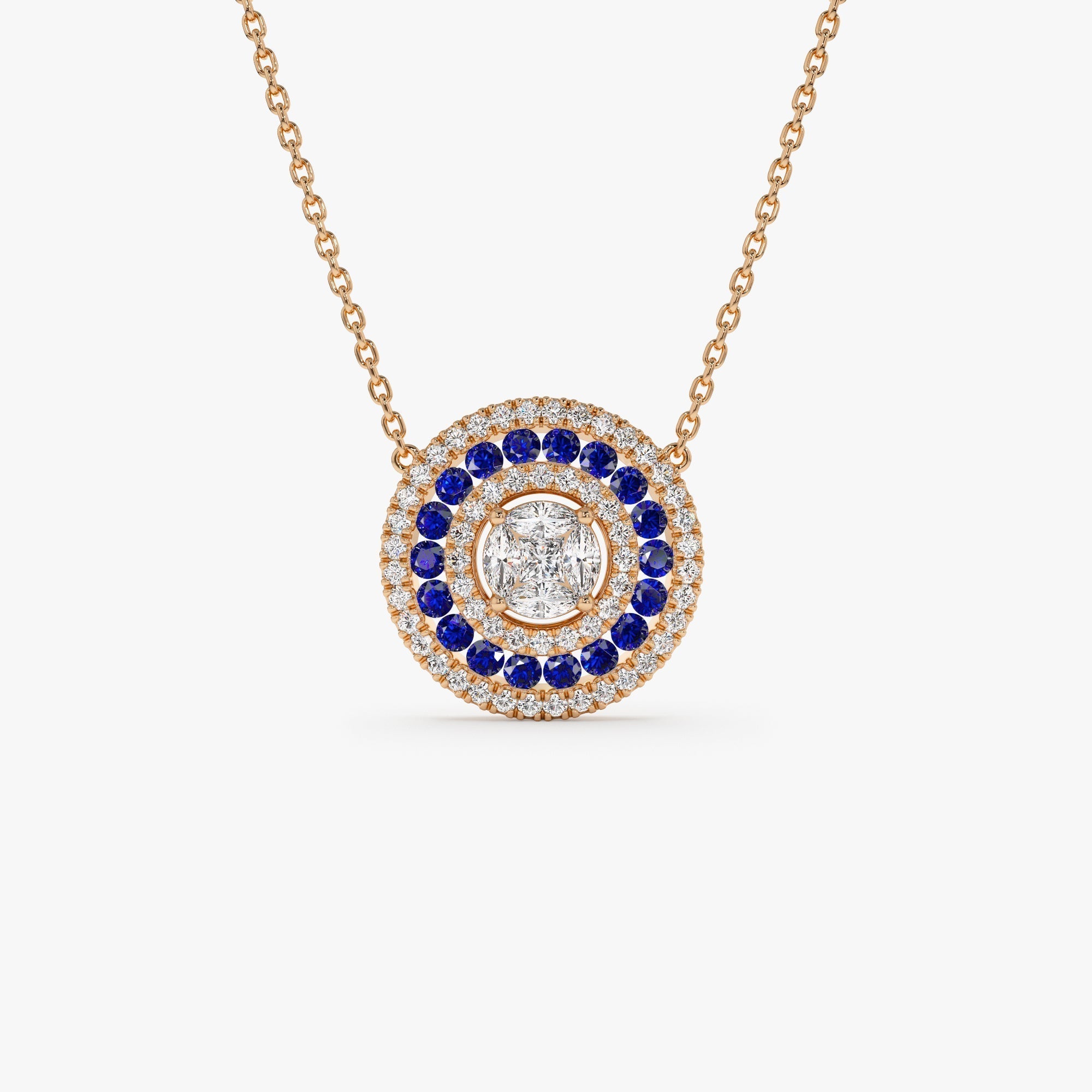 14K Gold Round Diamond Sapphire Necklace - GeumJewels