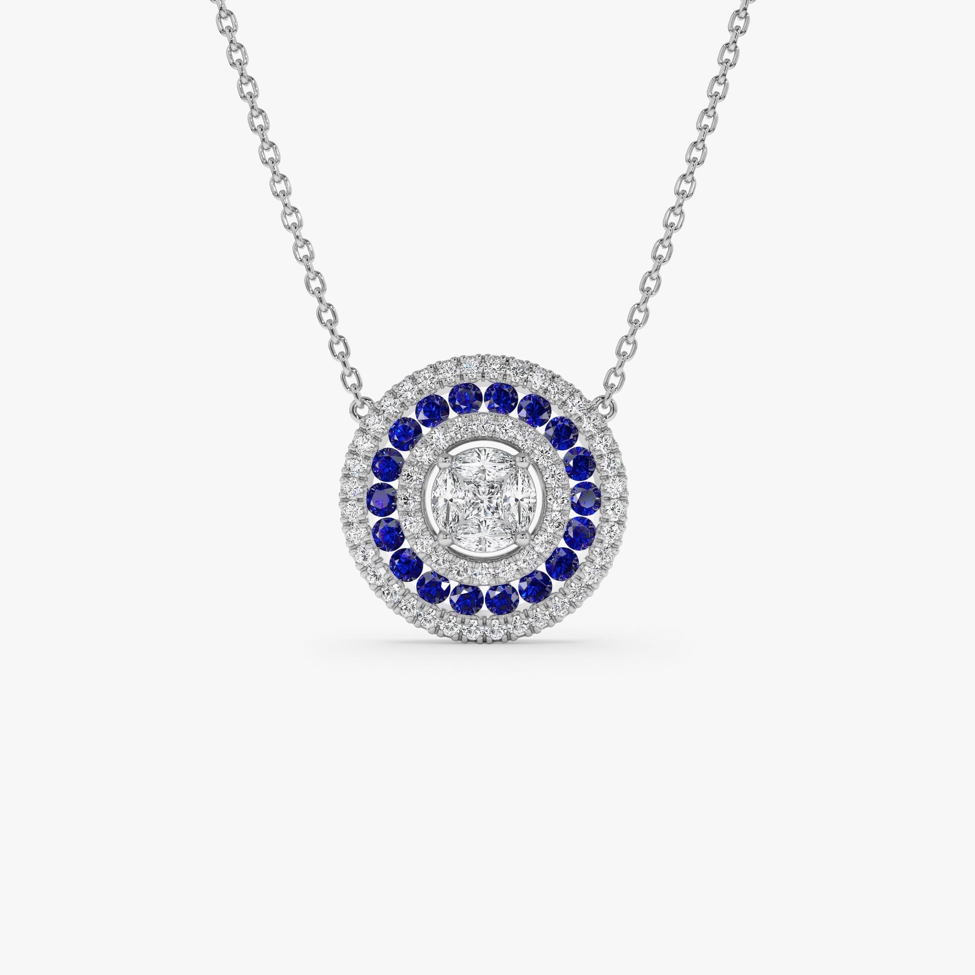 14K Gold Round Diamond Sapphire Necklace - GeumJewels