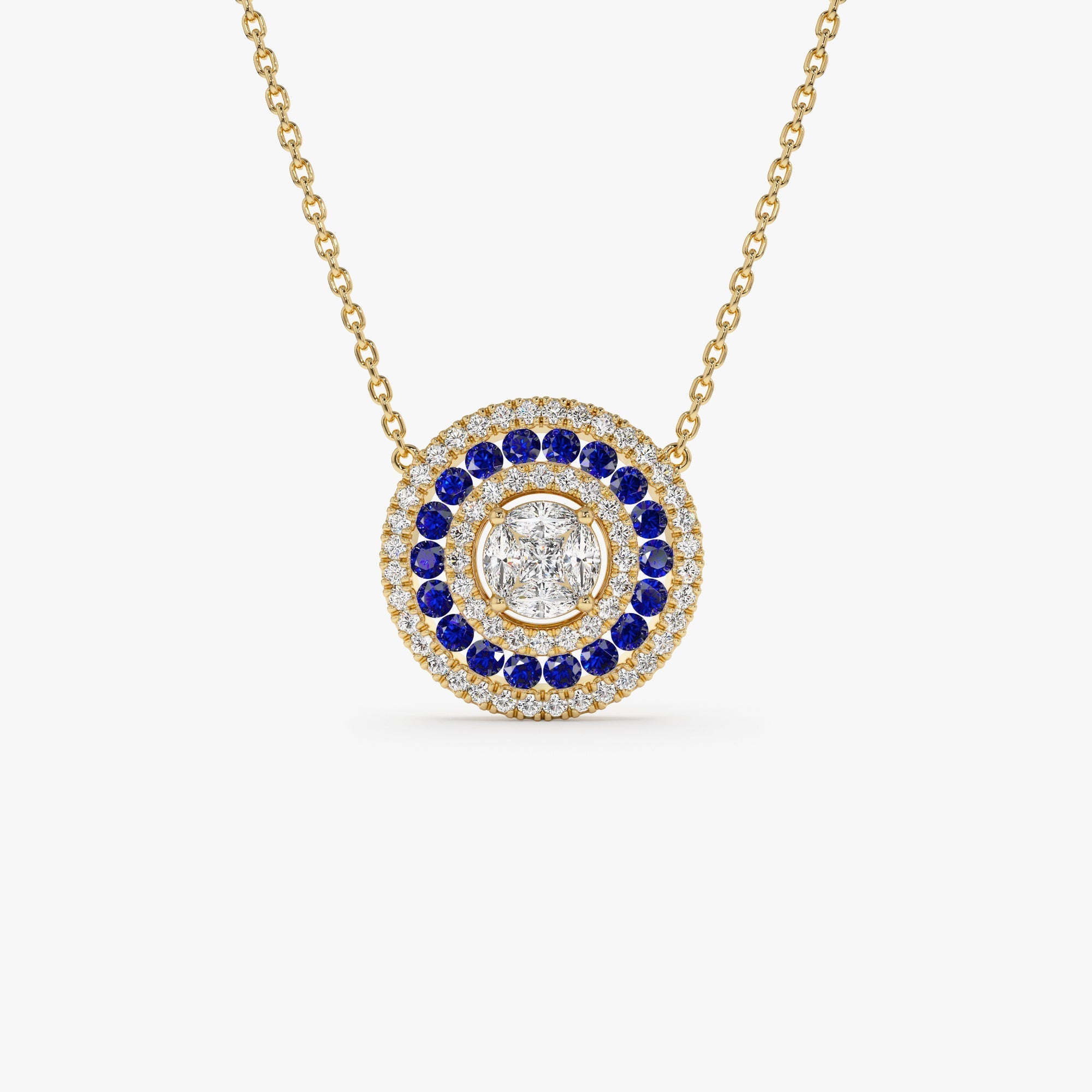 14K Gold Round Diamond Sapphire Necklace - GeumJewels
