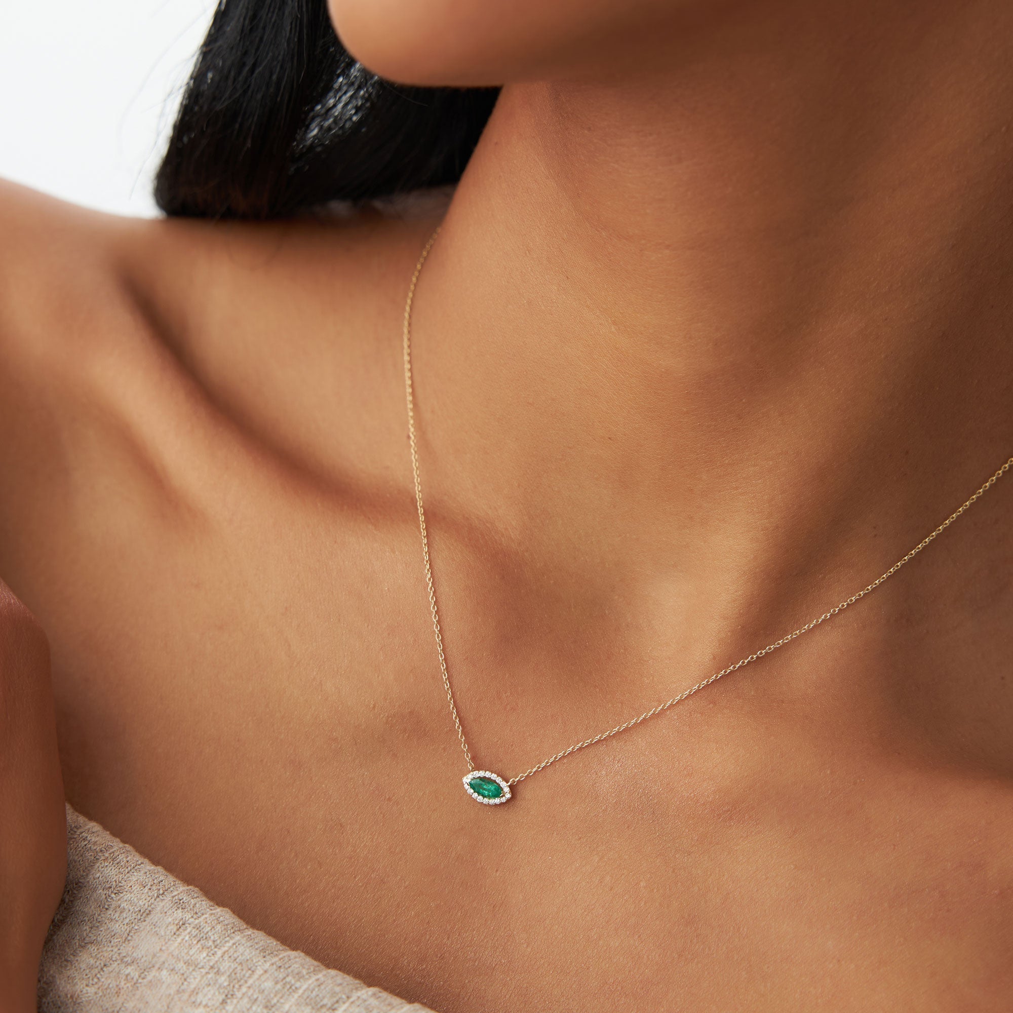 14k Marquise Emerald with Halo Diamond Setting - GeumJewels