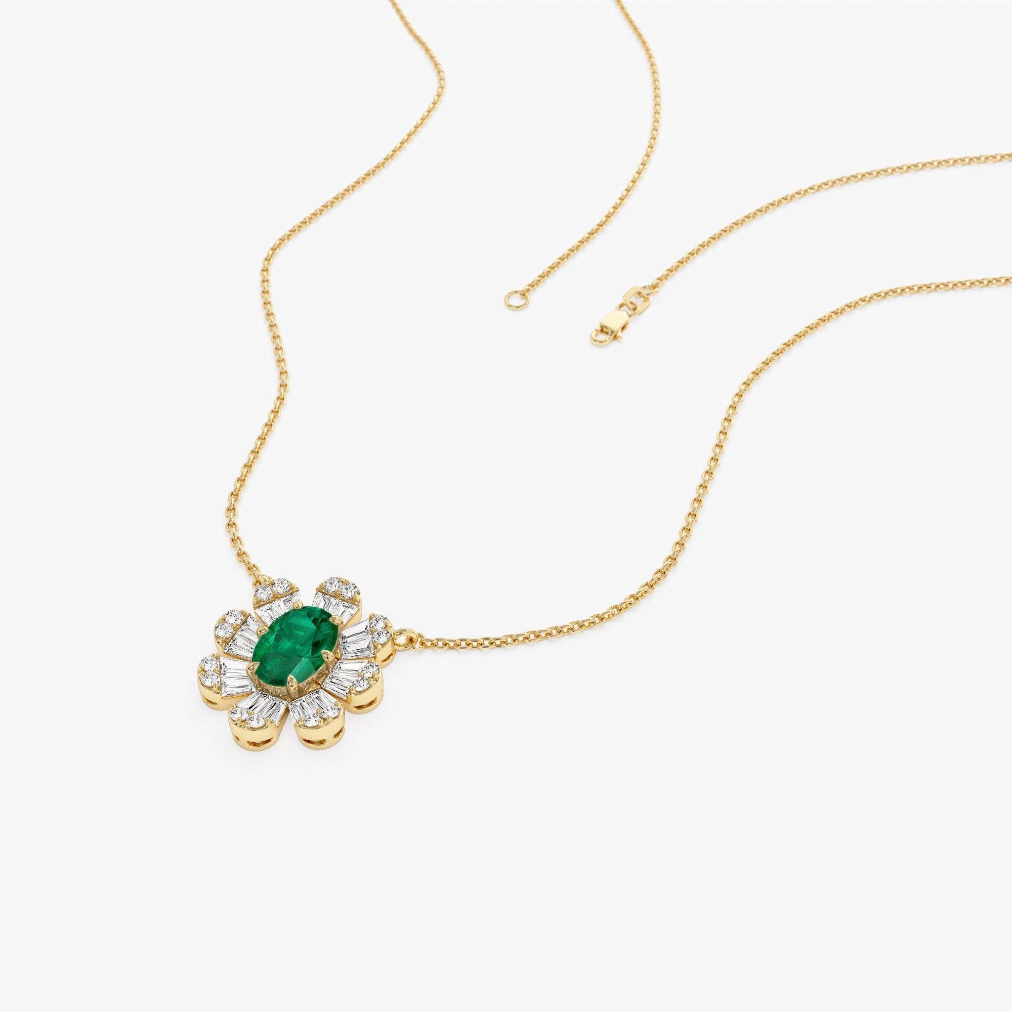 14k Oval Shape Emerald Necklace with Baguettes - GeumJewels