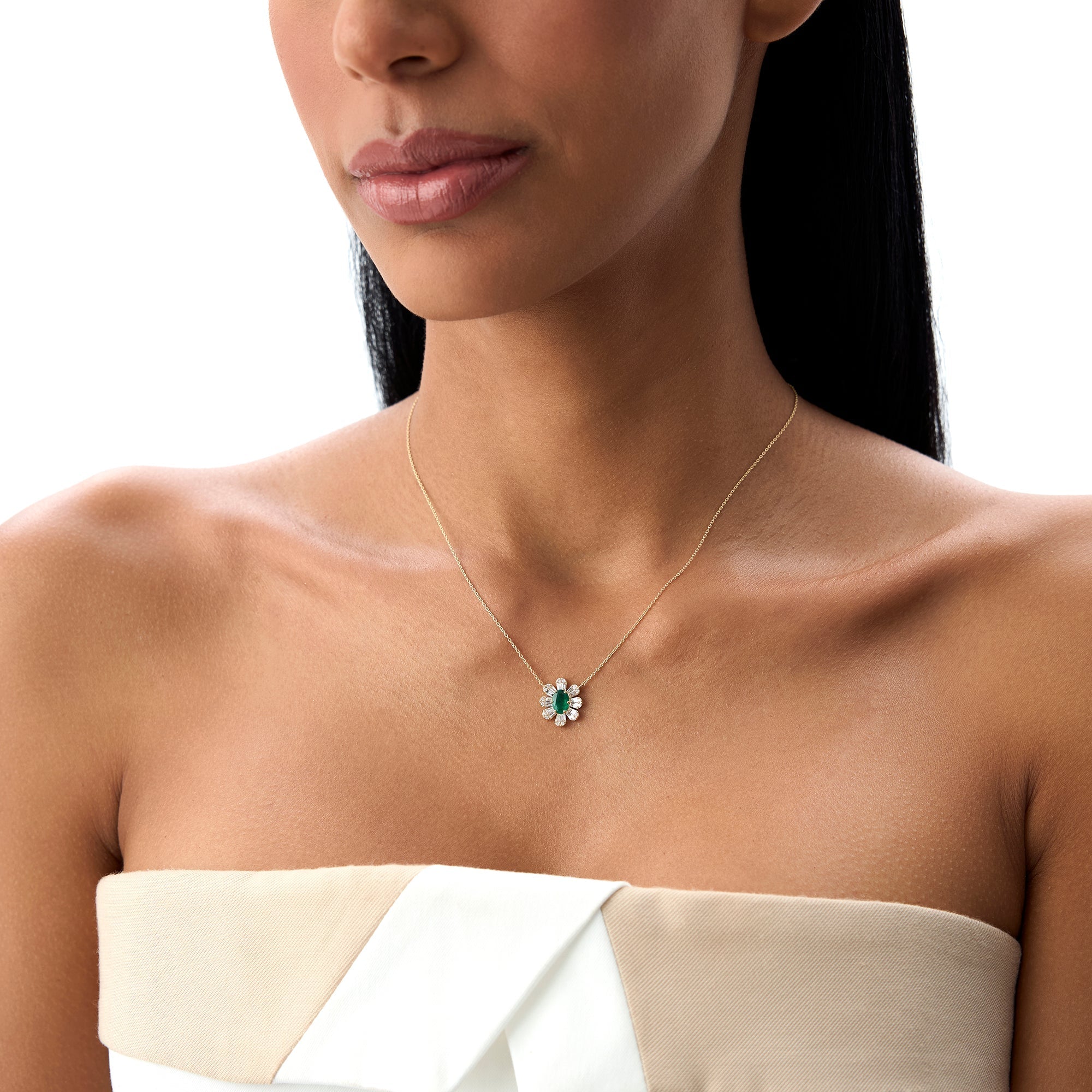 14k Oval Shape Emerald Necklace with Baguettes - GeumJewels
