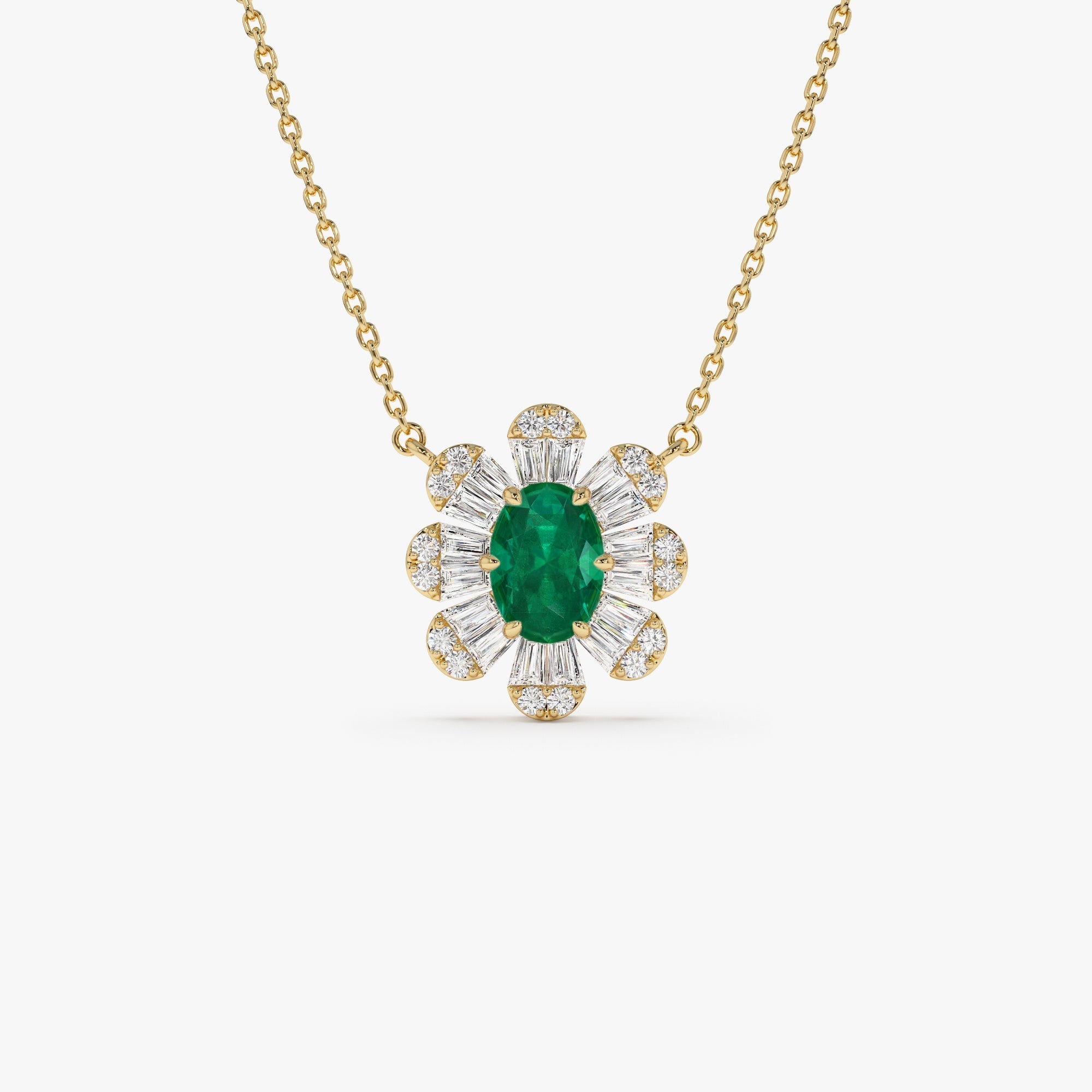 14k Oval Shape Emerald Necklace with Baguettes - GeumJewels