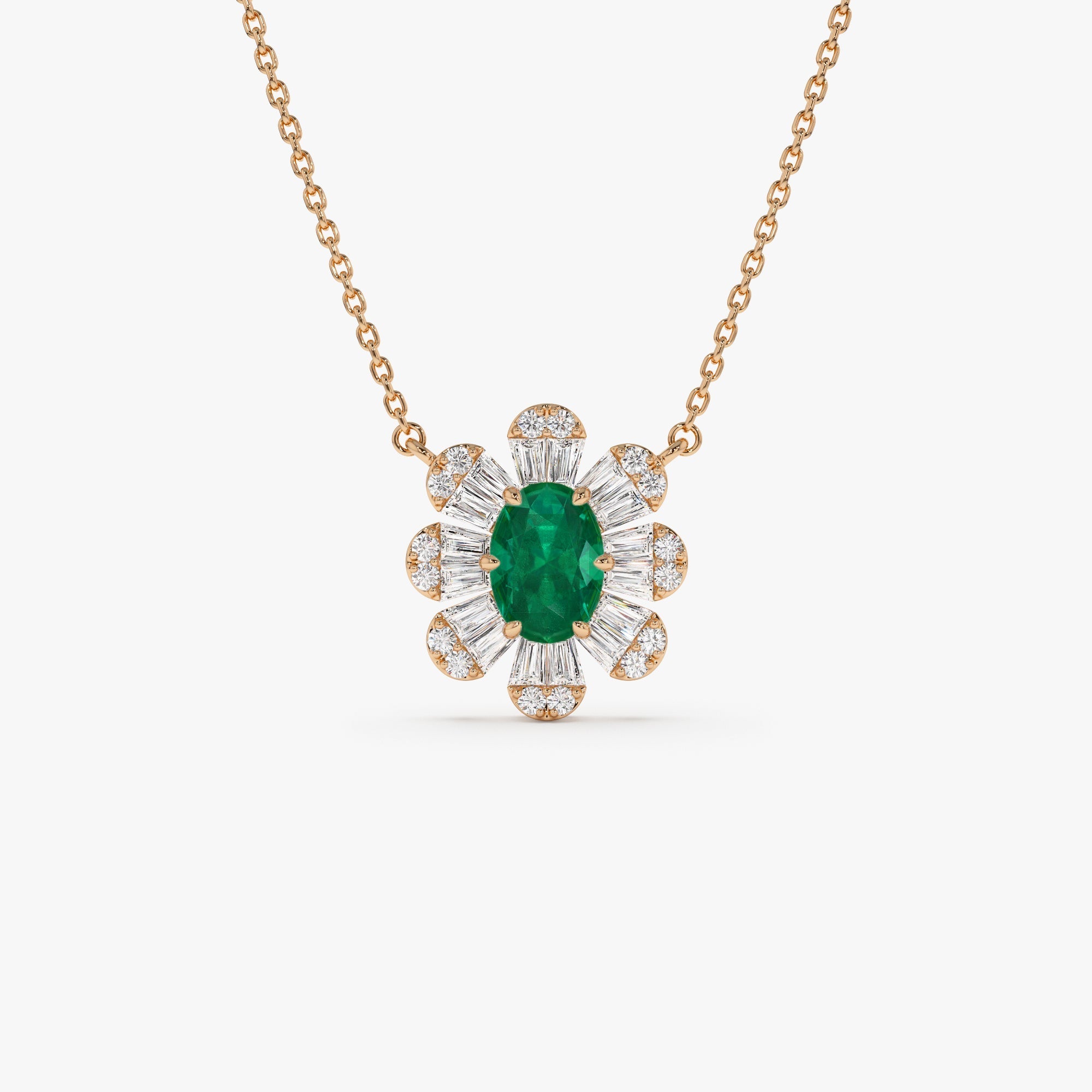 14k Oval Shape Emerald Necklace with Baguettes - GeumJewels